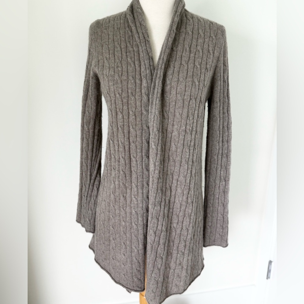 WHITE+WARREN Cashmere Cable Duster Cardigan Taupe Size Small